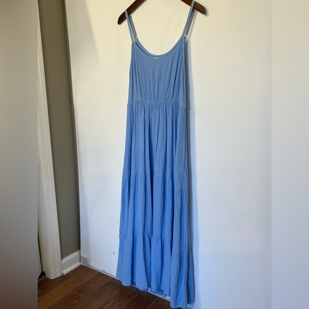 Xirena Ali tiered midi dress, blue gauzy cotton, adjustable straps, sleeveless L - Picture 3 of 7